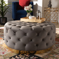 Baxton Studio TSF-6689-Grey/Gold-Otto Sasha Glam and Luxe Grey Velvet Fabric Upholstered Gold Finished Round Cocktail Ottoman